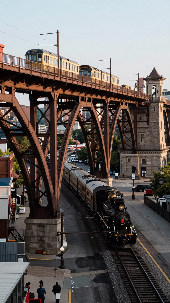Chicago Early Afternoon Railway Viaduct Steam Train Crossing Arches Urban Scene in in Chicago, Illinois, United States