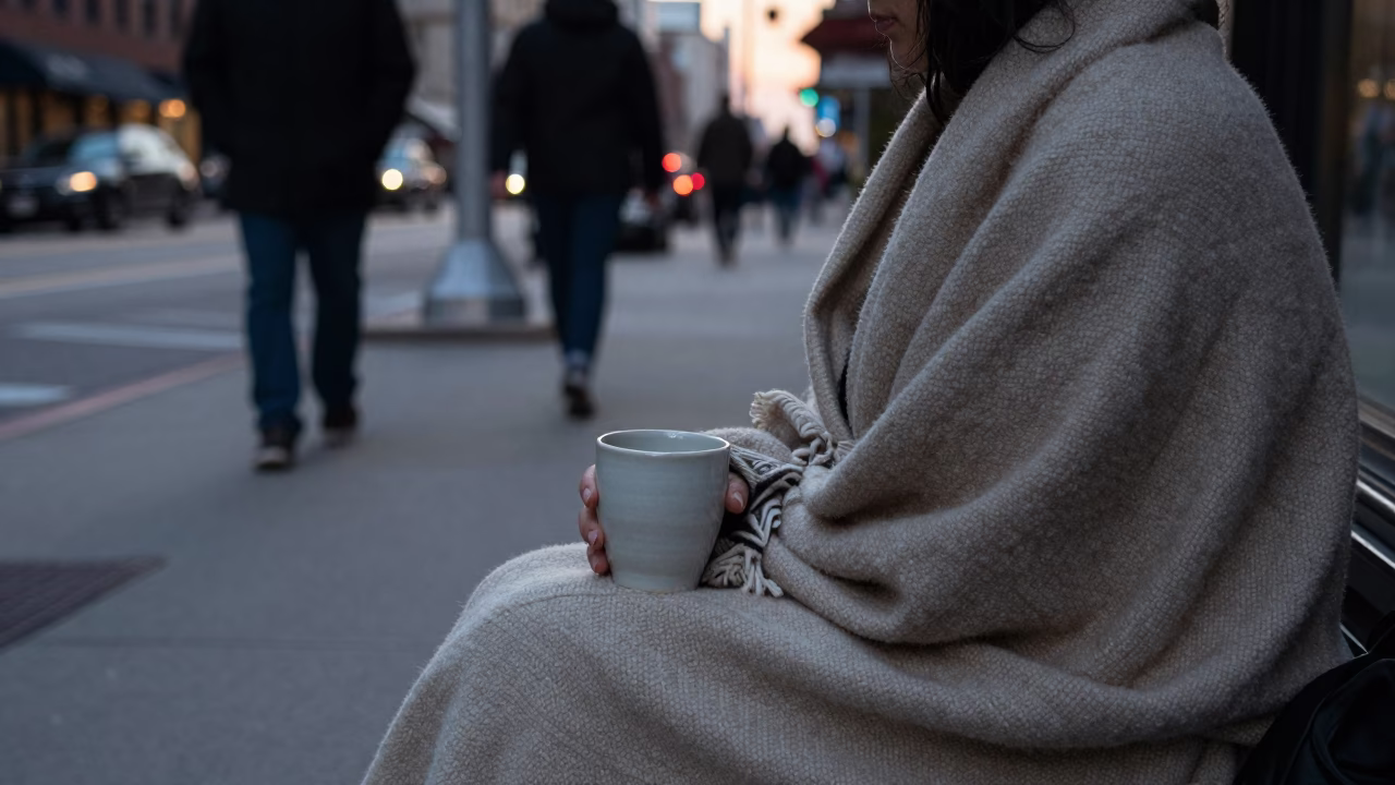 Chicago Early Evening Street Scene with Ceramic Cup and Blanket on Bench in in Chicago, Illinois, United States