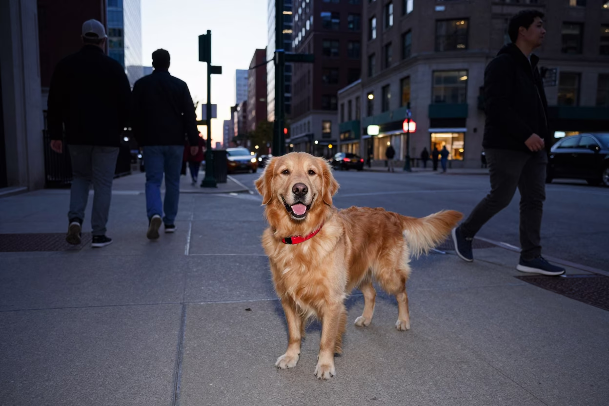 Chicago Early Evening Street Scene with Golden Retriever and Urban Architecture in in Chicago, Illinois, United States