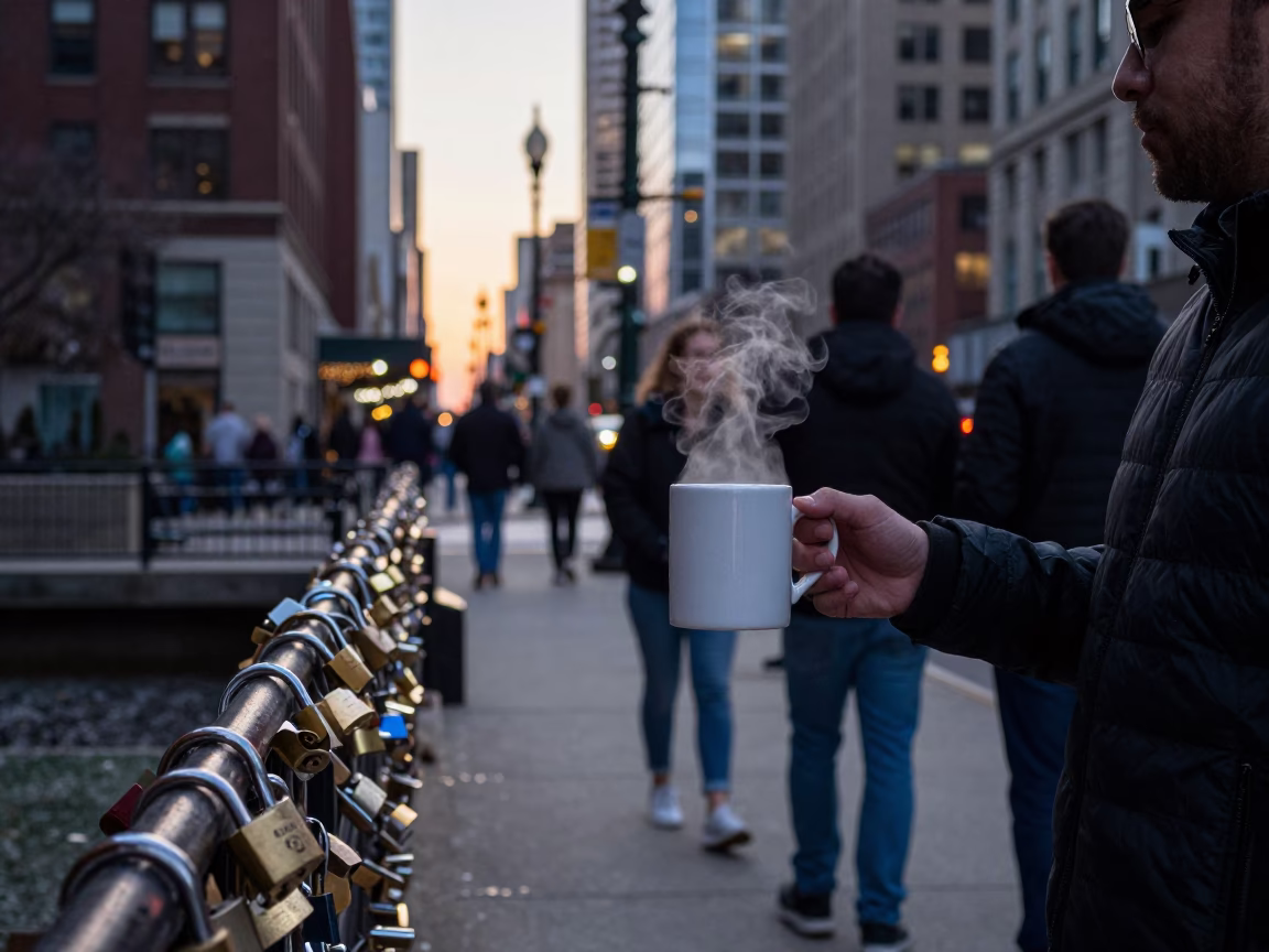 Chicago Early Evening Street Scene with Mugs and Padlocks in in Chicago, Illinois, United States
