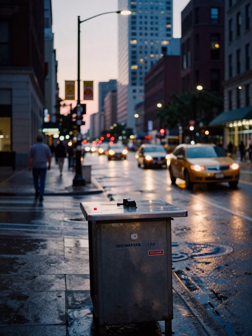 Chicago Early Evening Street Scene with Valet Stand and Hotel Awning Reflections in in Chicago, Illinois, United States