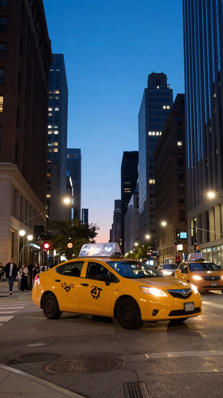 Chicago Early Evening Street Scene with Yellow Taxi and Urban Architecture in in Chicago, Illinois, United States