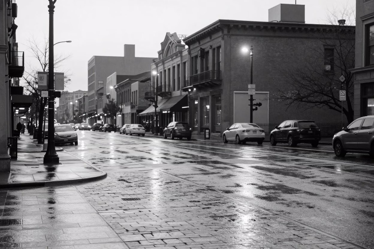 Chicago Early Morning Street Scene with Wet Flagstones and Substation Insulators Under Floodlights in in Chicago, Illinois, United States