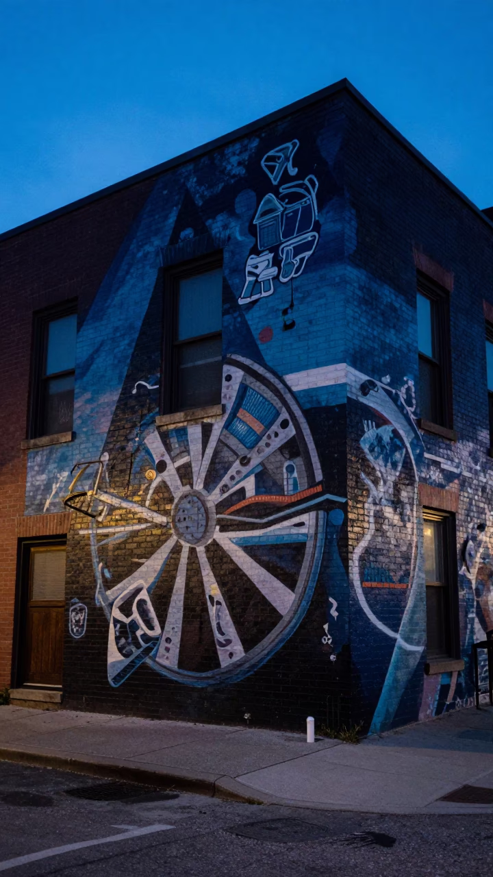 Chicago Evening Blue Hour Mural Detail and Street Corner in in Chicago, Illinois, United States