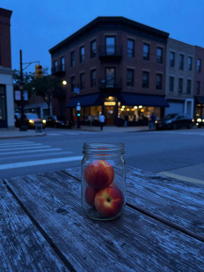 Chicago Evening Blue Hour Nectarines and Glass Jar on Wooden Table in in Chicago, Illinois, United States