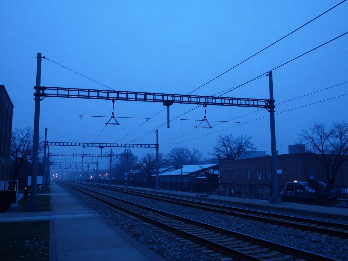 Chicago Evening Blue Hour Street Scene with Catenary Wires and Urban Infrastructure in in Chicago, Illinois, United States