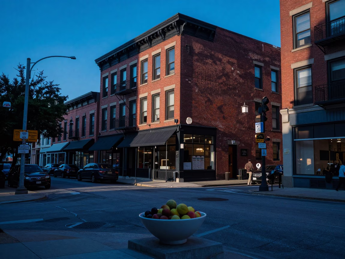 Chicago Evening Blue Hour Street Scene with Fruit Bowl and Bread Basket in in Chicago, Illinois, United States