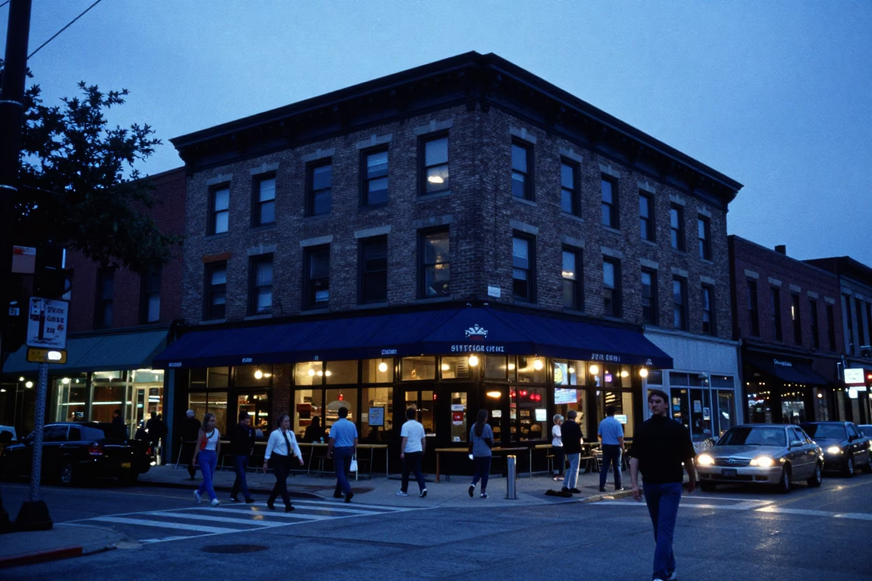 Chicago Evening Blue Hour Street Scene with Local Dining and Urban Architecture in in Chicago, Illinois, United States