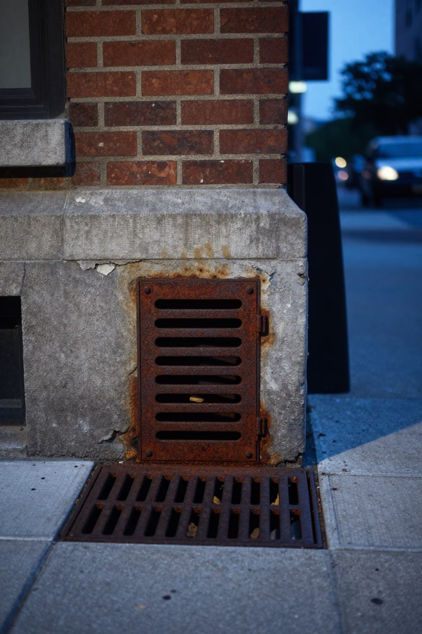 Chicago Evening Blue Hour Street Scene with Rusty Drain and Thermometer in in Chicago, Illinois, United States