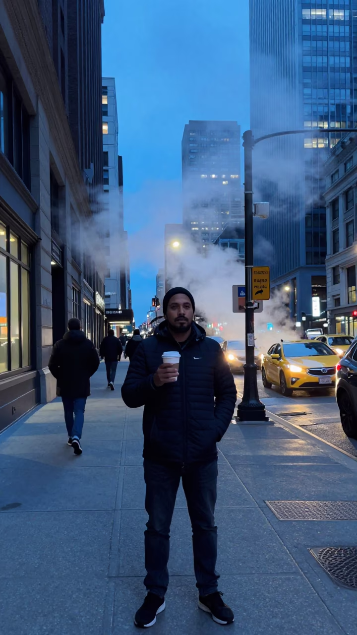 Chicago Evening Blue Hour Street Scene with Steam Rising from Coffee Cup in in Chicago, Illinois, United States