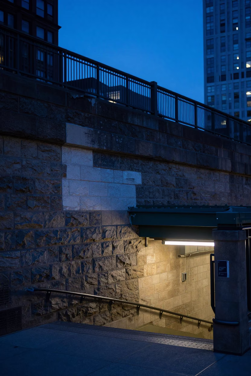 Chicago Evening Blue Hour Subway Tunnel Portal Retaining Wall Patched Concrete and Warning Placards in in Chicago, Illinois, United States