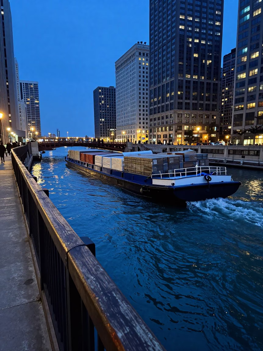 Chicago Evening Canal Barge Cargo Under Blue Light with Rustic Tin Box in in Chicago, Illinois, United States