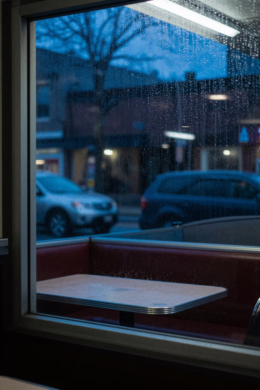 Chicago Evening Street Corner Diner Window View with Condensed Milk and Urban Transit in in Chicago, Illinois, United States
