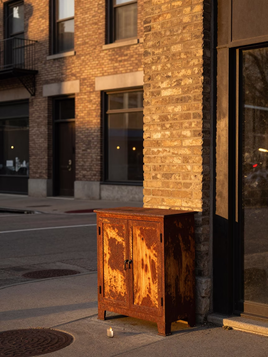 Chicago Evening Street Corner with Rusty Cabinet and Candlelight in in Chicago, Illinois, United States