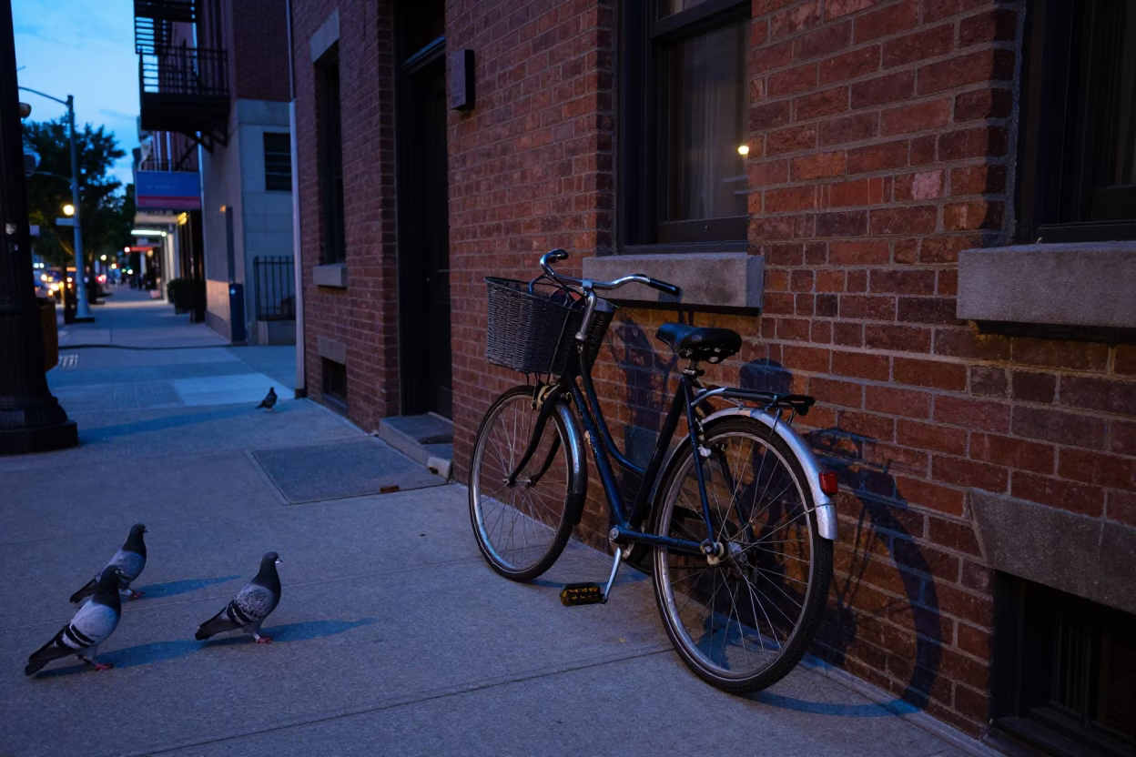 Chicago Evening Street Scene with Bicycle Basket and Pigeons Under Last Blue Light in in Chicago, Illinois, United States