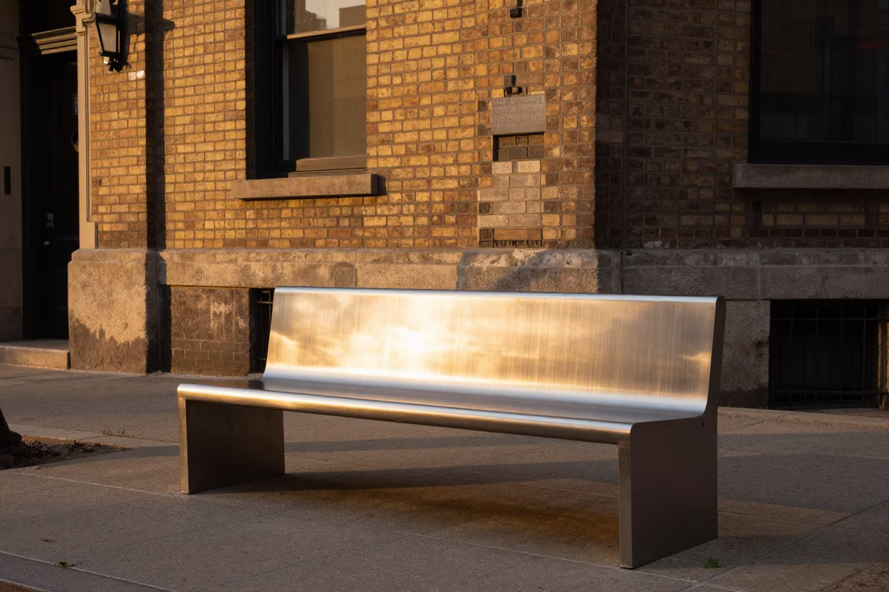 Chicago Evening Street Scene with Brushed Steel Bench and Urban Details in in Chicago, Illinois, United States