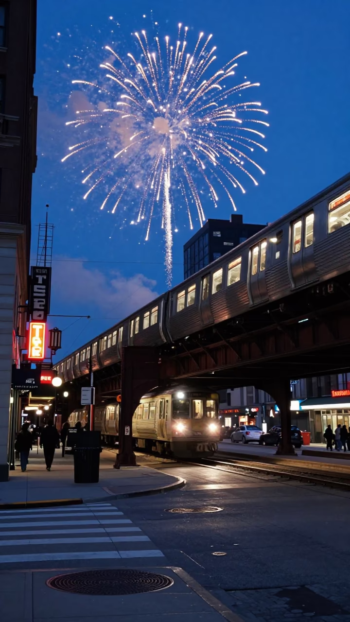 Chicago Evening Street Scene with Fireworks and Vintage Metro Train in in Chicago, Illinois, United States