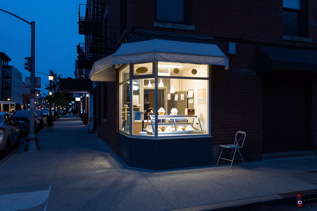Chicago Evening Street Scene with Gelato Display and Folding Chair Under Twilight Blue Light in in Chicago, Illinois, United States