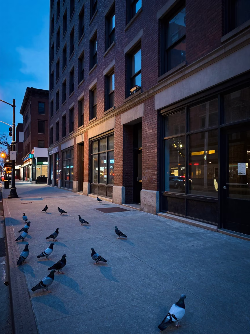 Chicago Evening Street Scene with Pigeons and Urban Architecture in in Chicago, Illinois, United States