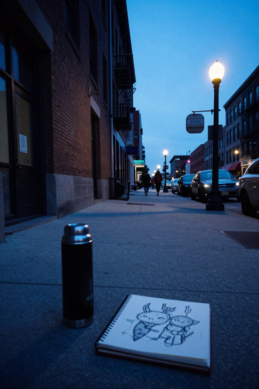Chicago Evening Street Scene with Thermos and Sketchbook Near Lake Shore in in Chicago, Illinois, United States