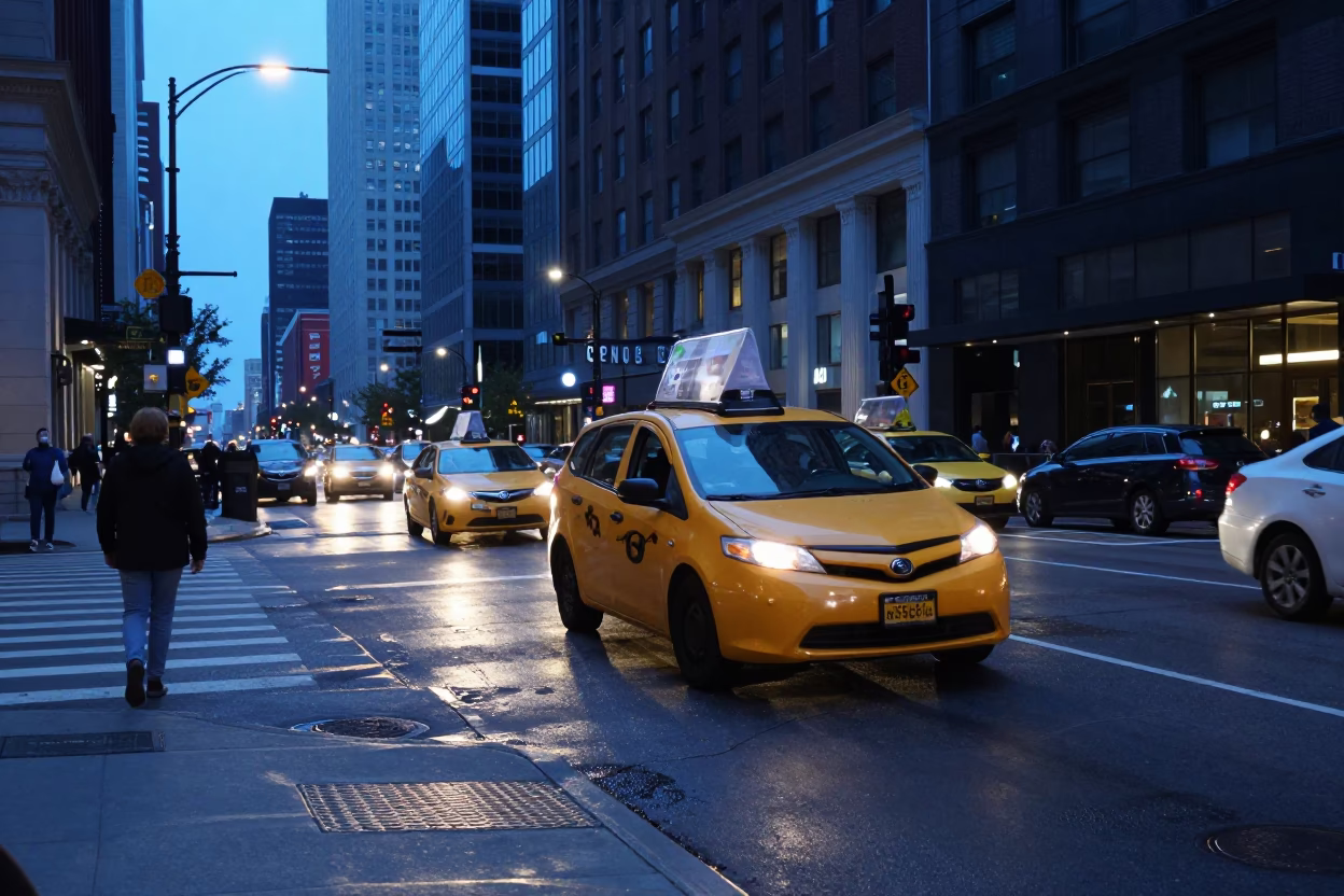 Chicago Evening Street Scene with Yellow Taxi and Busy Sidewalk Activity in in Chicago, Illinois, United States