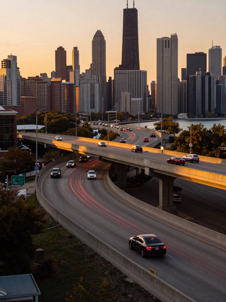 Chicago Evening Traffic Streaks Over Lake Shore Drive Interchange in Honeyed Light in in Chicago, Illinois, United States
