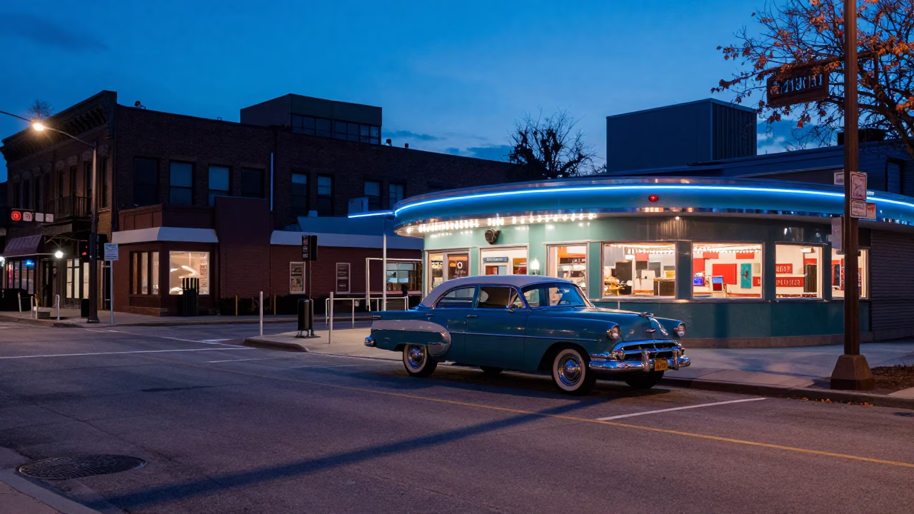 Chicago Evening Twilight Street Scene with Vintage Car and Urban Details in in Chicago, Illinois, United States