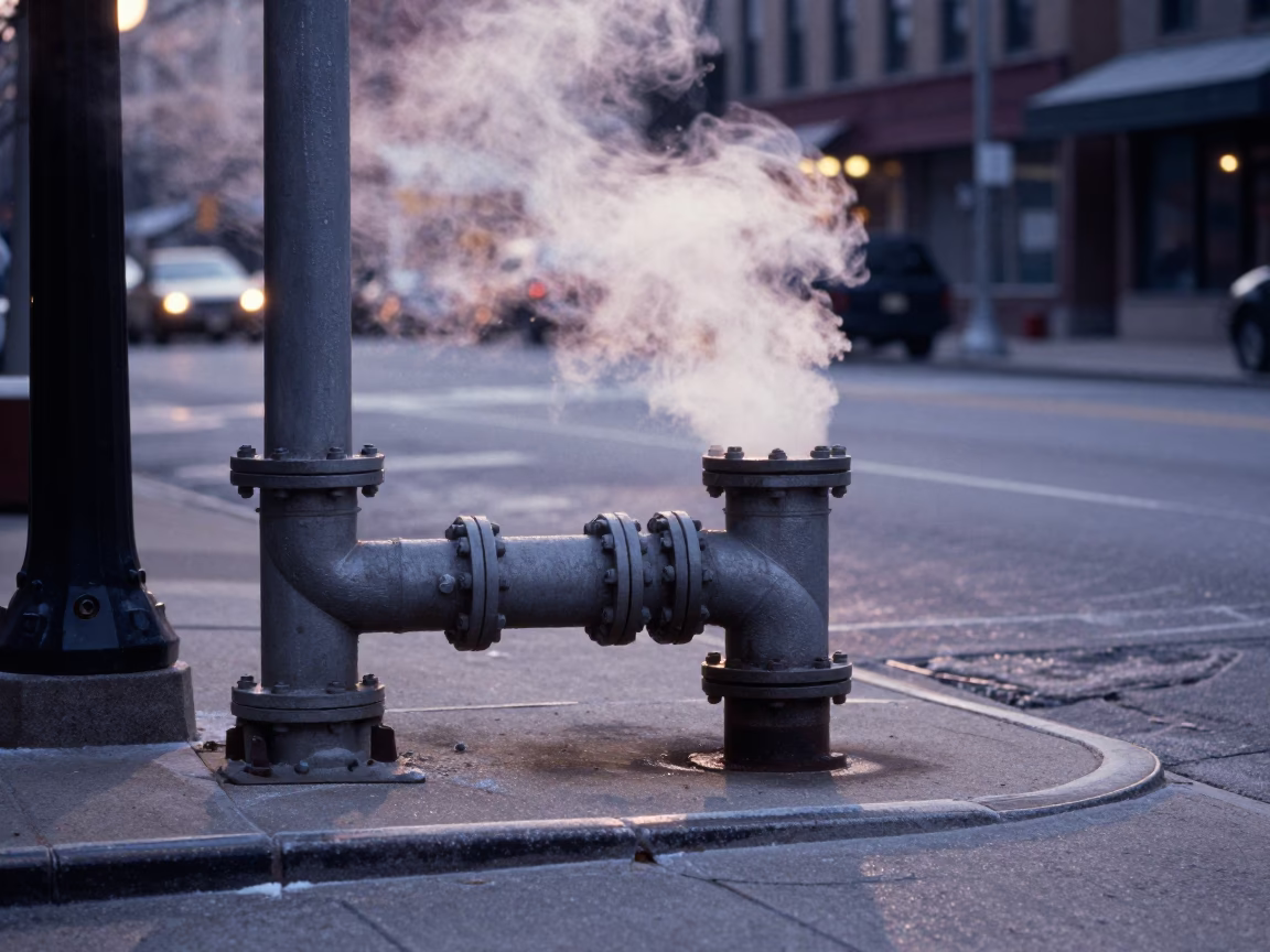 Chicago First Light District Heating Pipe Steaming Behind Frost Fencing in in Chicago, Illinois, United States