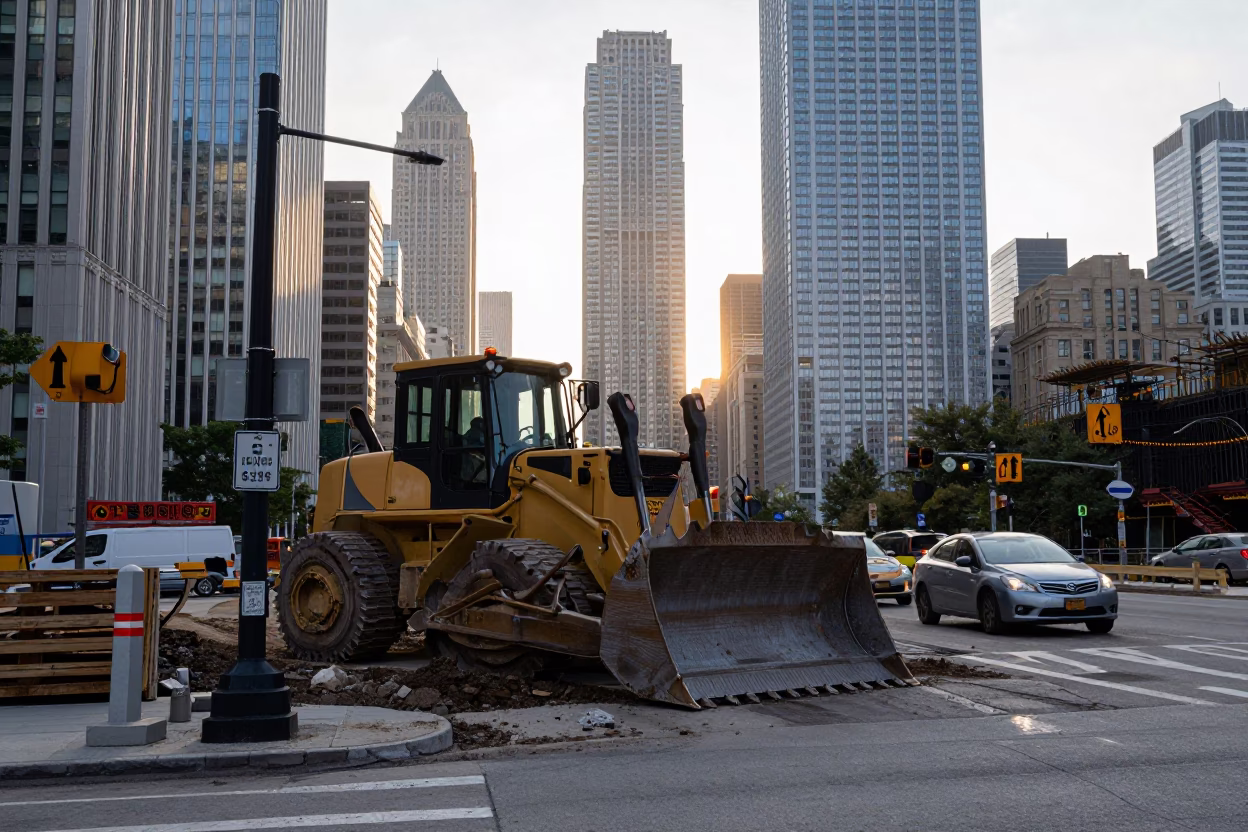 Chicago First Light Street Scene with Construction and Urban Elements in in Chicago, Illinois, United States
