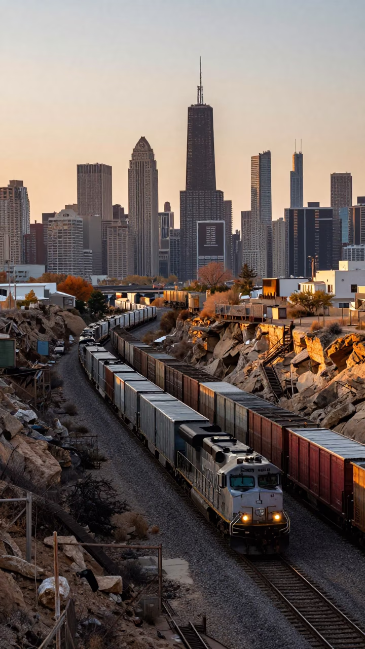 Chicago Freight Train And Urban Skyline From Industrial Tracks in in Chicago, Illinois, United States