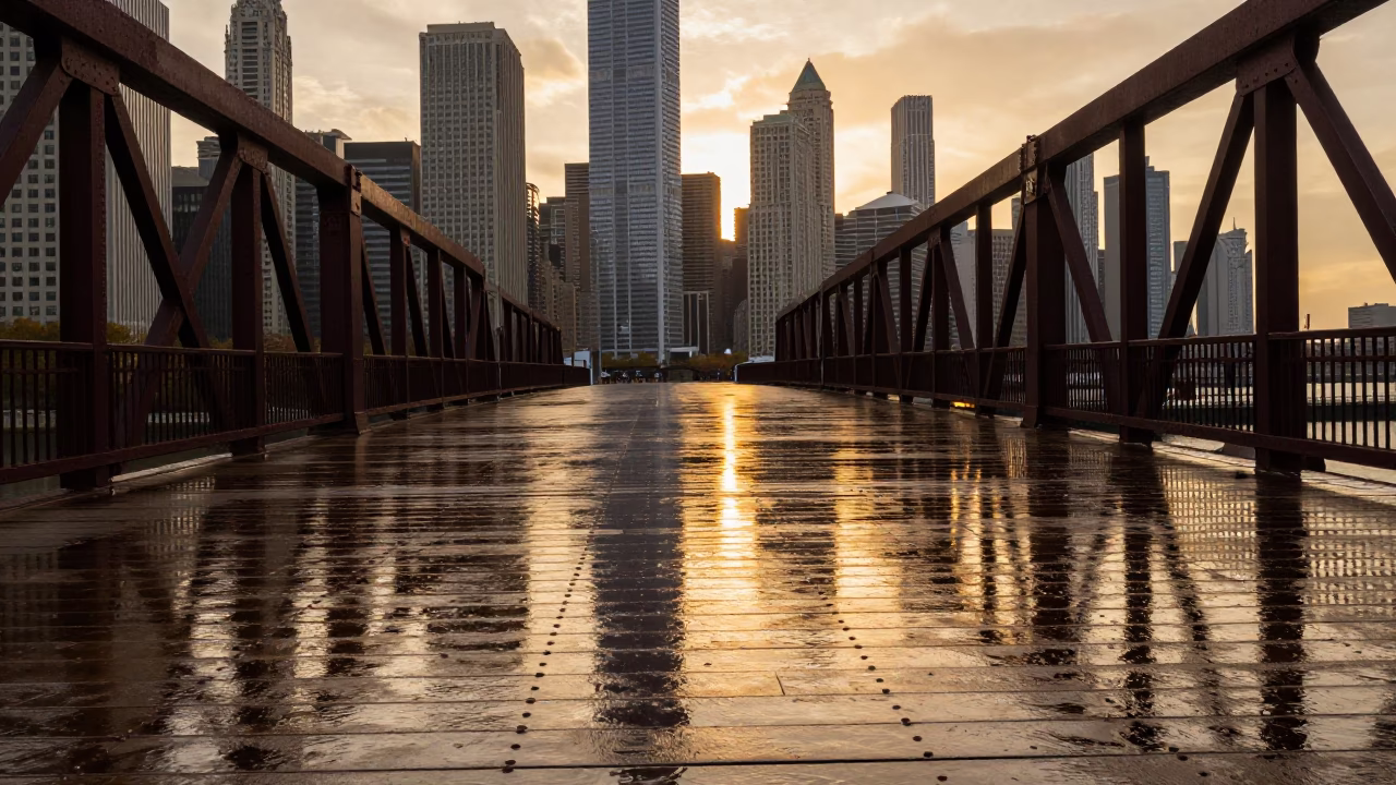 Chicago Golden Hour Drawbridge Deck Rain Reflections and Urban Skyline in in Chicago, Illinois, United States