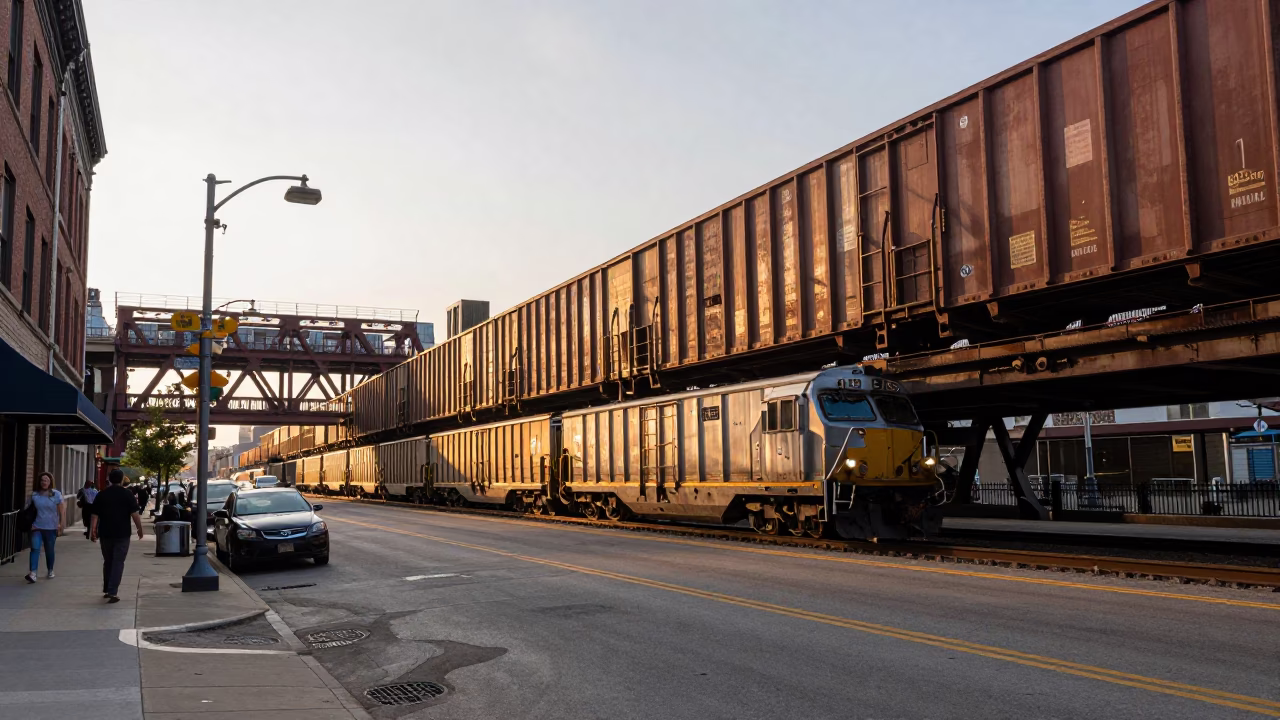 Chicago Golden Hour Street Scene with Freight Train Crossing Bridge in in Chicago, Illinois, United States