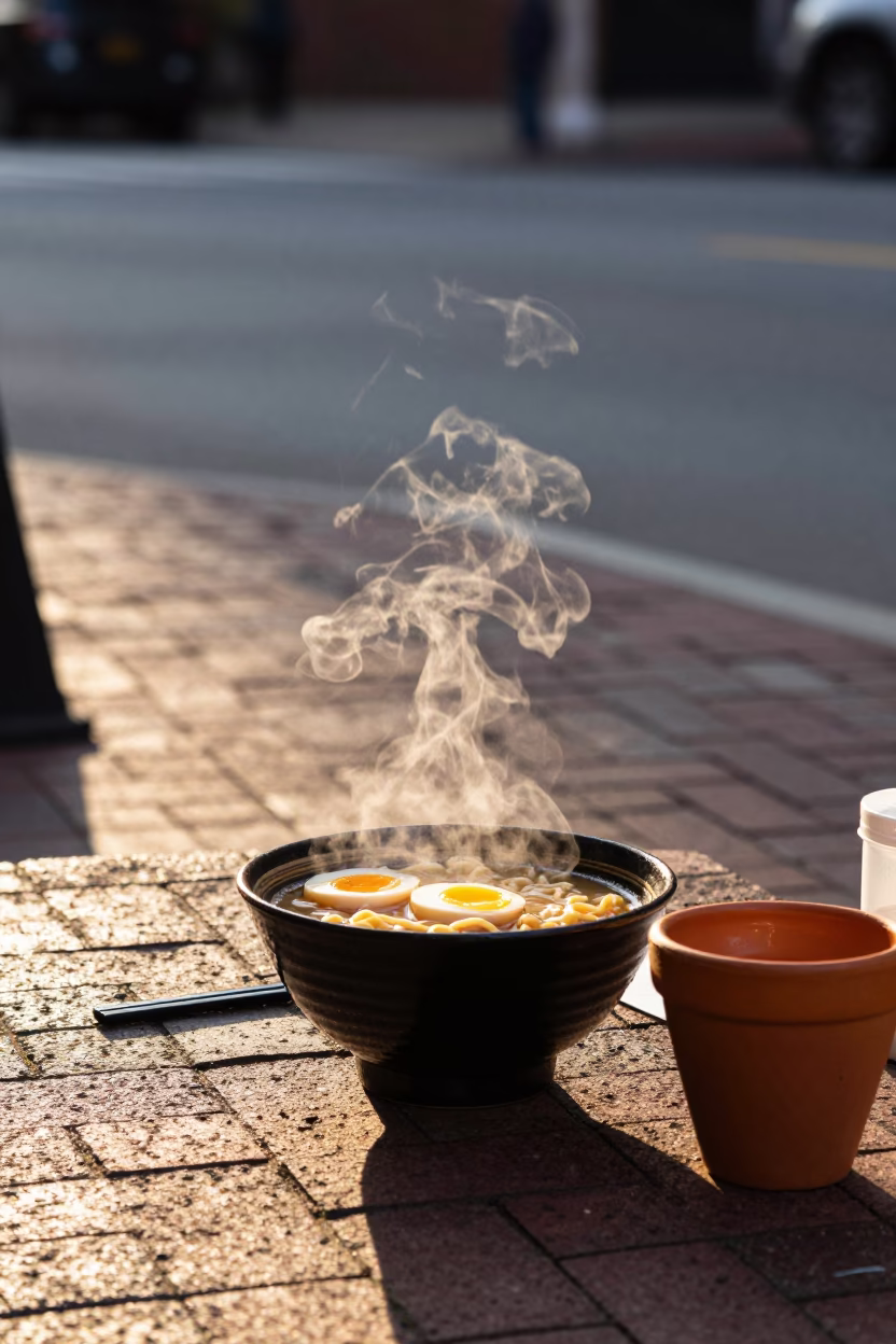 Chicago Golden Hour Street Scene with Ramen Bowl and Terracotta Pot on Brick Sidewalk in in Chicago, Illinois, United States