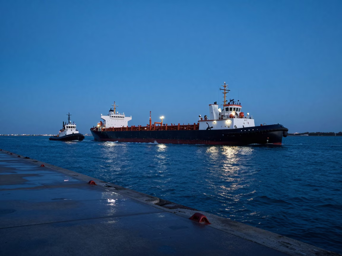 Chicago Harbor Blue Hour Tugboat Fleet Navigating Tanker Before Dawn in in Chicago, Illinois, United States