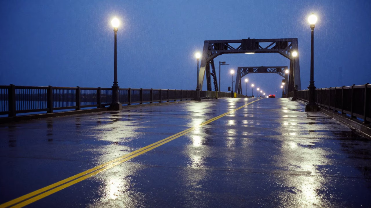 Chicago Harbor Drawbridge Deck Markings Shining Under Harbor Drizzle at Blue Hour in in Chicago, Illinois, United States