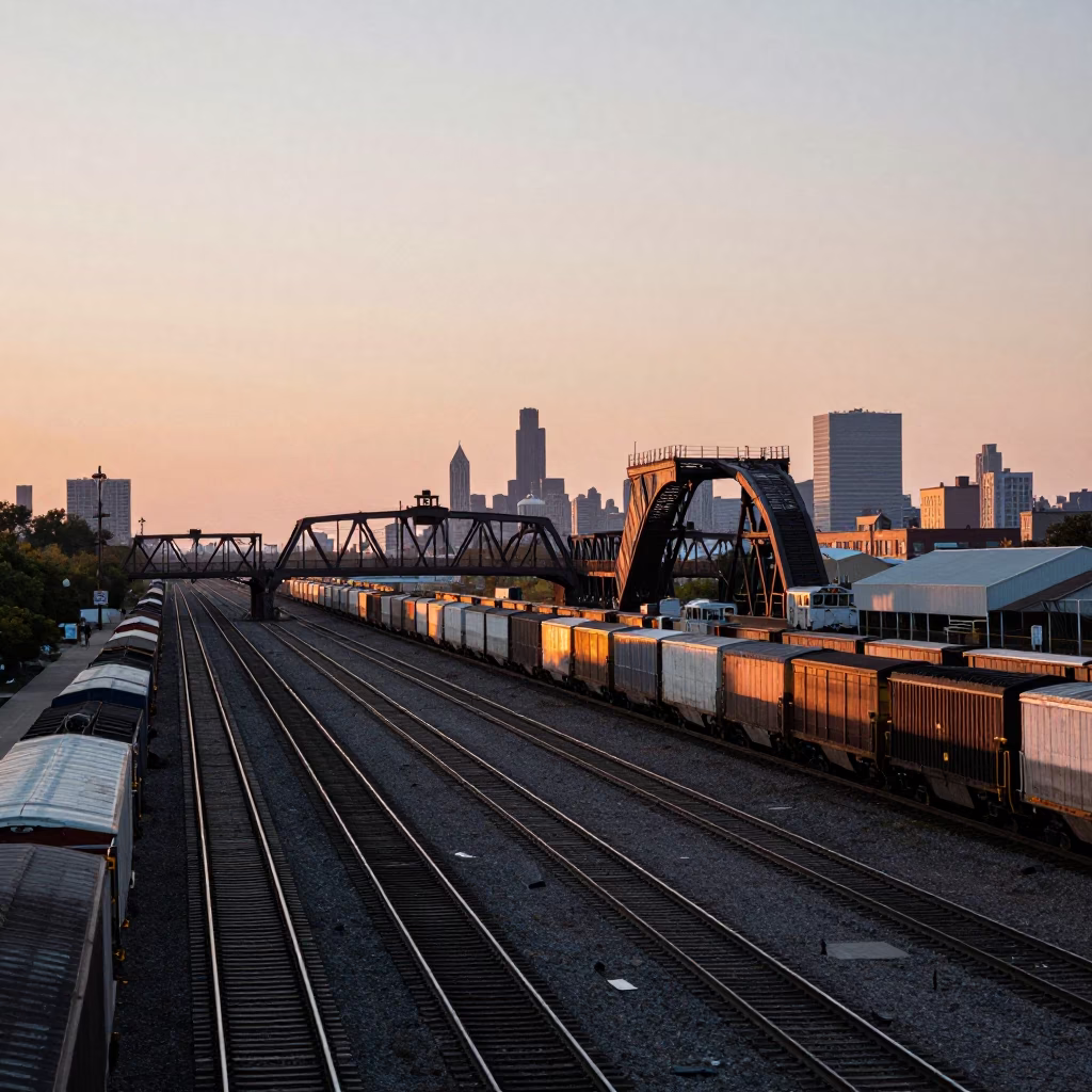 Chicago Illinois Before Dawn Freight Train Yard and Bascule Bridge in in Chicago, Illinois, United States