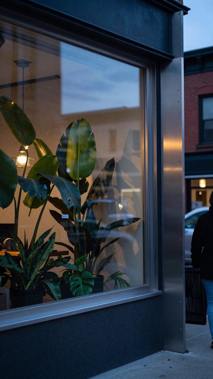 Chicago Illinois Blue Hour Street Scene with Houseplants and Brushed Steel Details in in Chicago, Illinois, United States