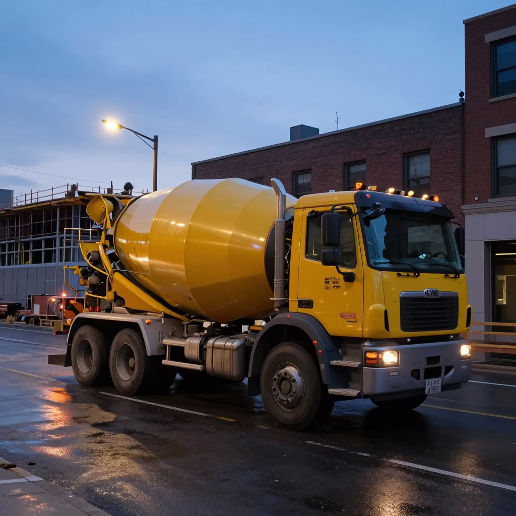 Chicago Illinois Construction Site Before Dawn Cement Mixer and Urban Dawn Light in in Chicago, Illinois, United States