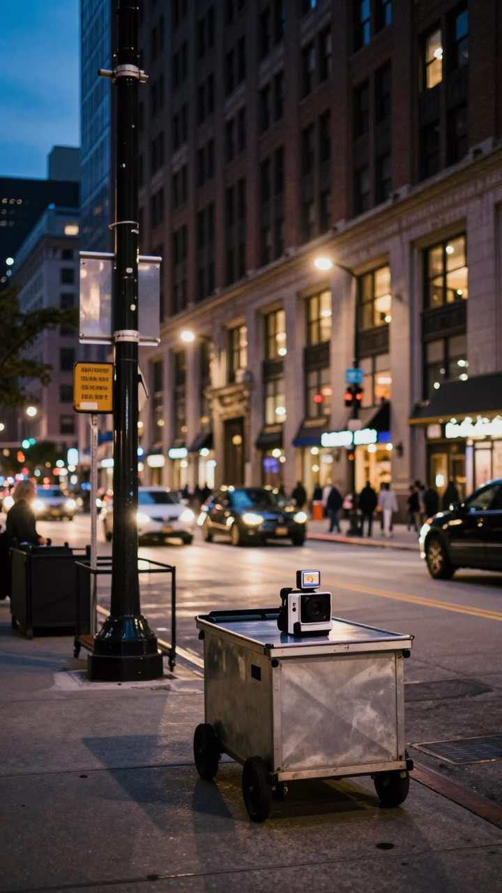 Chicago Illinois Downtown Street Scene at Dusk with Rolling Carts and City Lights in in Chicago, Illinois, United States