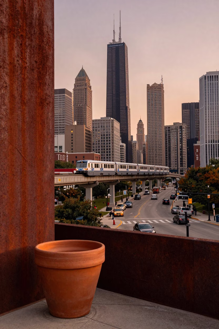 Chicago Illinois Dusk Monorail Horizon Shot Rusty Wall Terracotta Pot in in Chicago, Illinois, United States