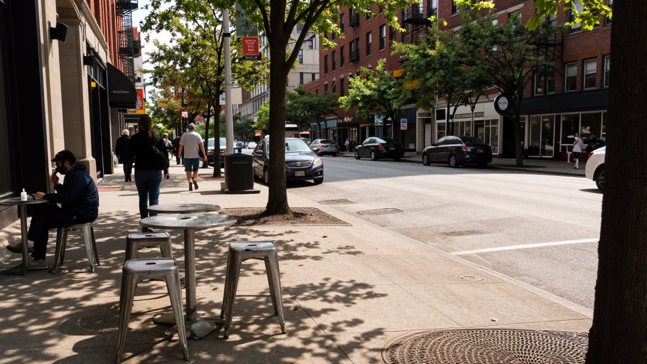 Chicago Illinois Early Afternoon Street Scene with Metal Stools and Urban Architecture in in Chicago, Illinois, United States