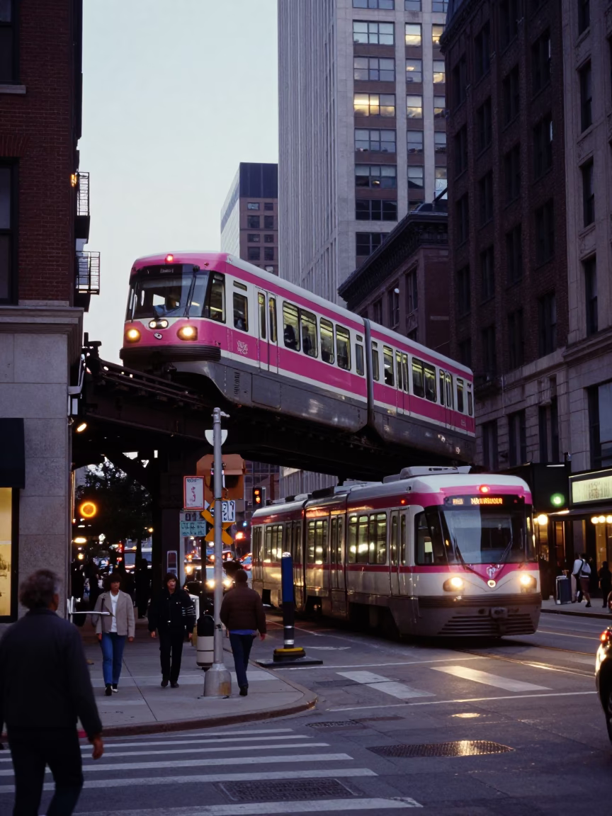 Chicago Illinois Early Evening Monorail Passing Over City Street with Pedestrians and Urban Architecture in in Chicago, Illinois, United States