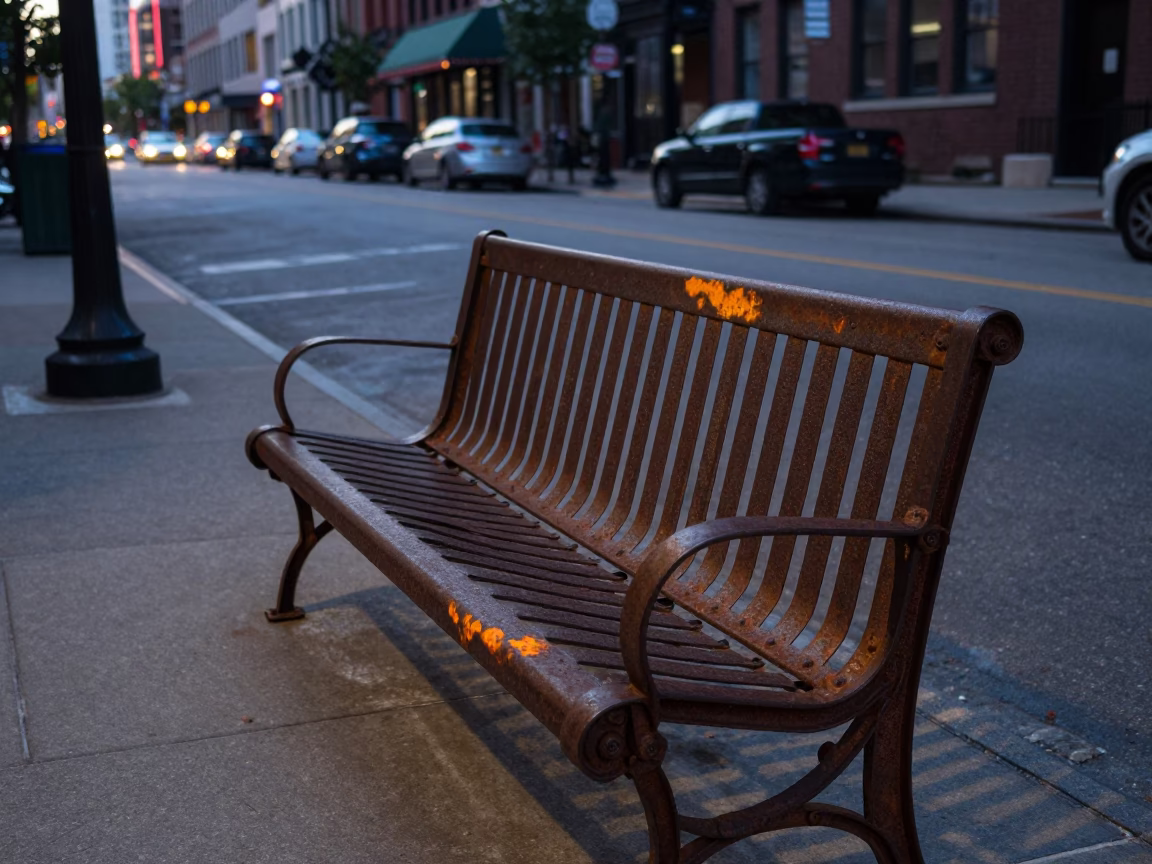 Chicago Illinois Early Evening Street Scene with Rusty Bench and Urban Details in in Chicago, Illinois, United States