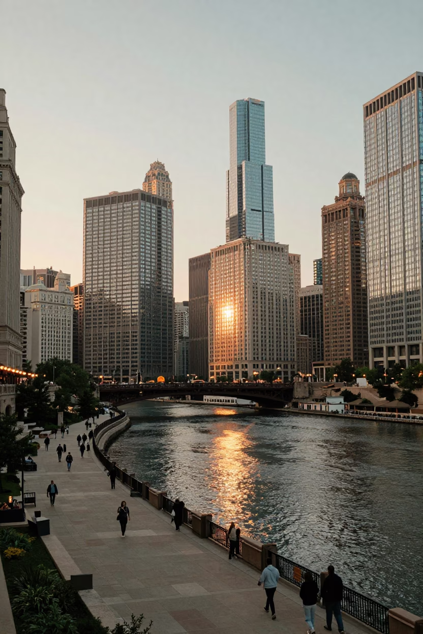 Chicago Illinois Evening Landscape with River Walk and Urban Skyline Reflections in in Chicago, Illinois, United States