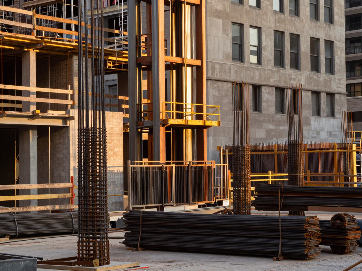 Chicago Illinois evening light construction site rebar bundles and elevator gate in in Chicago, Illinois, United States