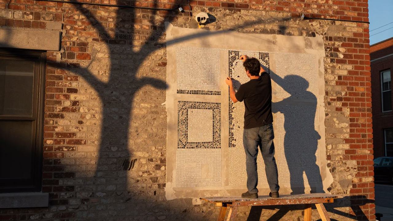 Chicago Illinois Evening Light Mosaic Artist Working on Public Wall Mosaic in in Chicago, Illinois, United States