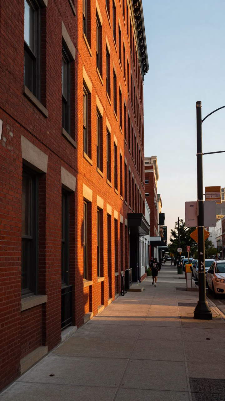 Chicago Illinois Golden Hour Street Scene with Red Brick Architecture and City Bus in in Chicago, Illinois, United States