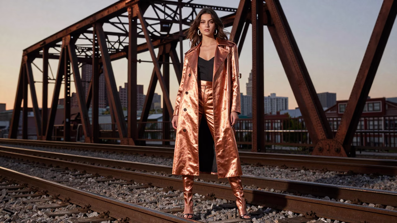 Chicago Illinois High Fashion Portrait Near Railway Viaduct in Copper Toned Light Before Dusk in in Chicago, Illinois, United States
