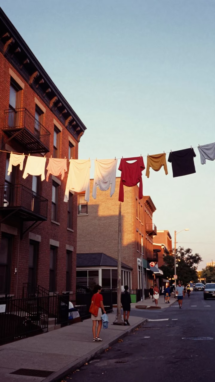 Chicago Illinois Honeyed Evening Light Street Scene with Clothesline and Bridge Maintenance Cradle in in Chicago, Illinois, United States