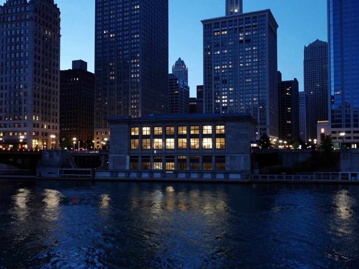 Chicago Illinois Indigo Twilight Levee Pump House Window Glowing Over Floodwater in in Chicago, Illinois, United States